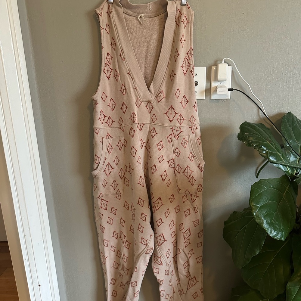 Stylish Beige and Red Patterned Jumpsuit